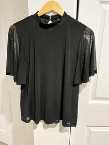 Anne Klein Women's Black Mock Neck Short Flutter Sheer Sleeve Blouse Top Size M - Picture 1 of 10