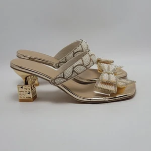 Sandalia Mules Deslizable Tacones Gatito Nudo Lazo Estrás Con Cuentas Dorado Talla EU 40, US 9 - Imagen 1 de 13