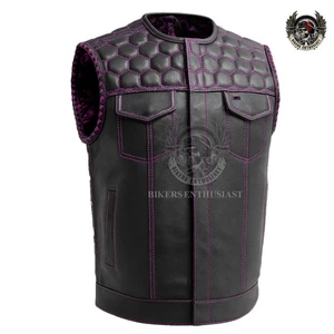 Hombres Negro/Púrpura Cuero de Vaca Motociclista Chaleco Punto de Panal Moto Club Chaleco - Imagen 1 de 8