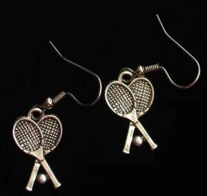 Tennis Racket Earrings Double Rackets Matte Silver Ox - Picture 1 of 1