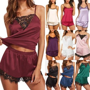 Pyjama Shorts Nachtwäsche Satin Lingerie Satz Spitze Cami Pj Seide Damen Weste > - Picture 1 of 25