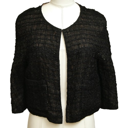 Giacca nera CHANEL blazer tweed fantasia gancio occhielli bottoni catena oro tg 36 2012