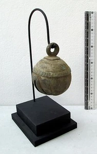 RUSTIC Old Karen Hill Tribe Bronze Round Elephant Bell & Stand 590g - Picture 1 of 7