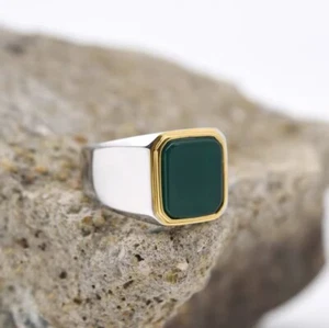 Stainless Steel Ring Silver Gold Color Green Rectangle Shape Onyx Men - Picture 1 of 4