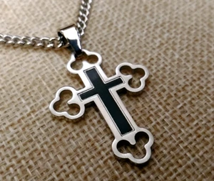 EDELSTAHL *** Orthodoxes Kleeblatt-Kreuz Anhänger schwarz 43mm, Kette optional - Bild 1 von 12