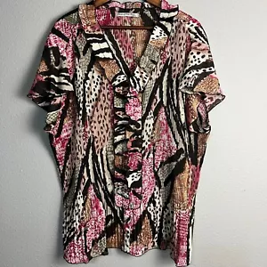 Signature by Larry Levine Animal Print Crinkle Pleated Ruffle Blouse Top Plus 3X - Picture 1 of 10