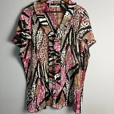 Blusa Top Signature by Larry Levine Estampado Animal Arrugado Plisado Volantes Plus 3X Foto 1 de 4