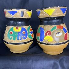 VTG Roseville Mostique Pottery  Matching Vases Lot Of 2-Colorful Elephant & Bird