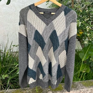 Setball Italian Wool Geometric Sweater Gray Teal Men’s M/L 22x26 - Picture 1 of 3
