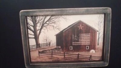 Primitive Country Print **'76 BARN with FLAG** Handmade Black Frame 8" x 12". - Image 1 of 2