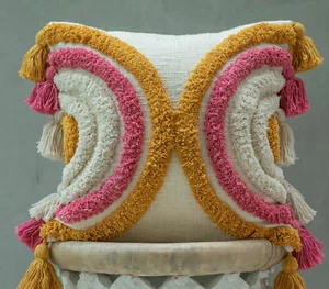 Bohemian pillow cover 18"x 18" embroidery pink and yellow - Picture 1 of 3