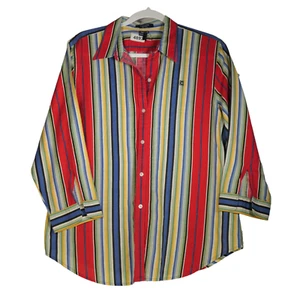 Chaps Blouse Womens Size M Blue Yellow Red Stripe Linen Cotton Blend - Picture 1 of 9