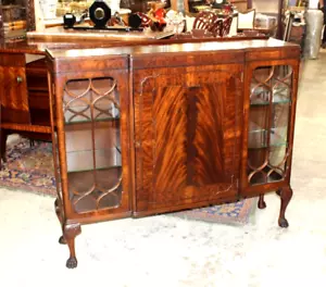 English Antique Flamed Mahogany Display Cabinet | Ball & Claw Feet | Glass Doors - Picture 1 of 12