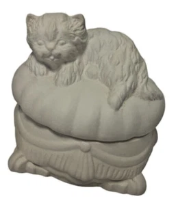 Biscotto in ceramica pronto da dipingere gatto su cuscino portagioie/scatola portagioie 3,5" x 4" - Foto 1 di 7