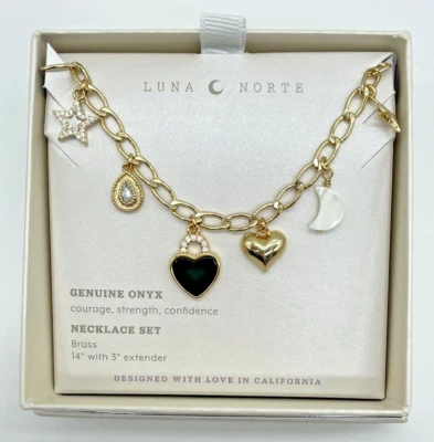 Luna Norte 金色 正品 Onyx CZ 魅力项链 18 英寸 全新带盒 — 第 1/3 张图片