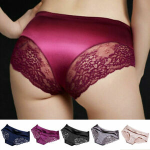 Shiny Satin Silky Knickers Sexy Briefs Women Underwear Lace Panties Seamless US