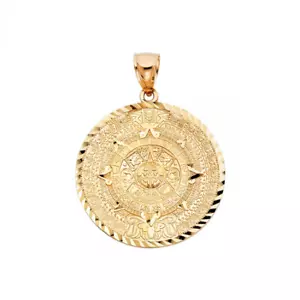14K Massiv Gelbgold Aztekischer Kalender Anhänger-Sonne Runde Medaille Halskette Charm - Bild 1 von 1