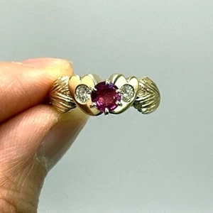 18k Oro Giallo Rubino Naturale Diamante Doppio Cuore Anello Cover Palma 8.9g Bel - Foto 1 di 11