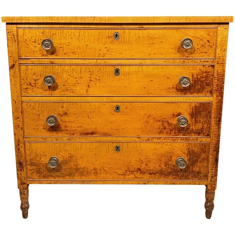 Federal Sheraton Tiger Maple Four Drawer Chest with Turned Legs Cover