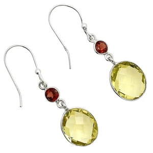 Lemon Quartz Checker Briolette & Hessonite Garnet 925 Silver Earrings E-1006 - Picture 1 of 5