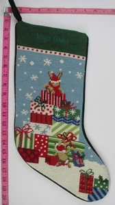 LANDS END Bunnies Presents Wool Needlepoint Christmas Stocking MAYA GRACE - Picture 1 of 5