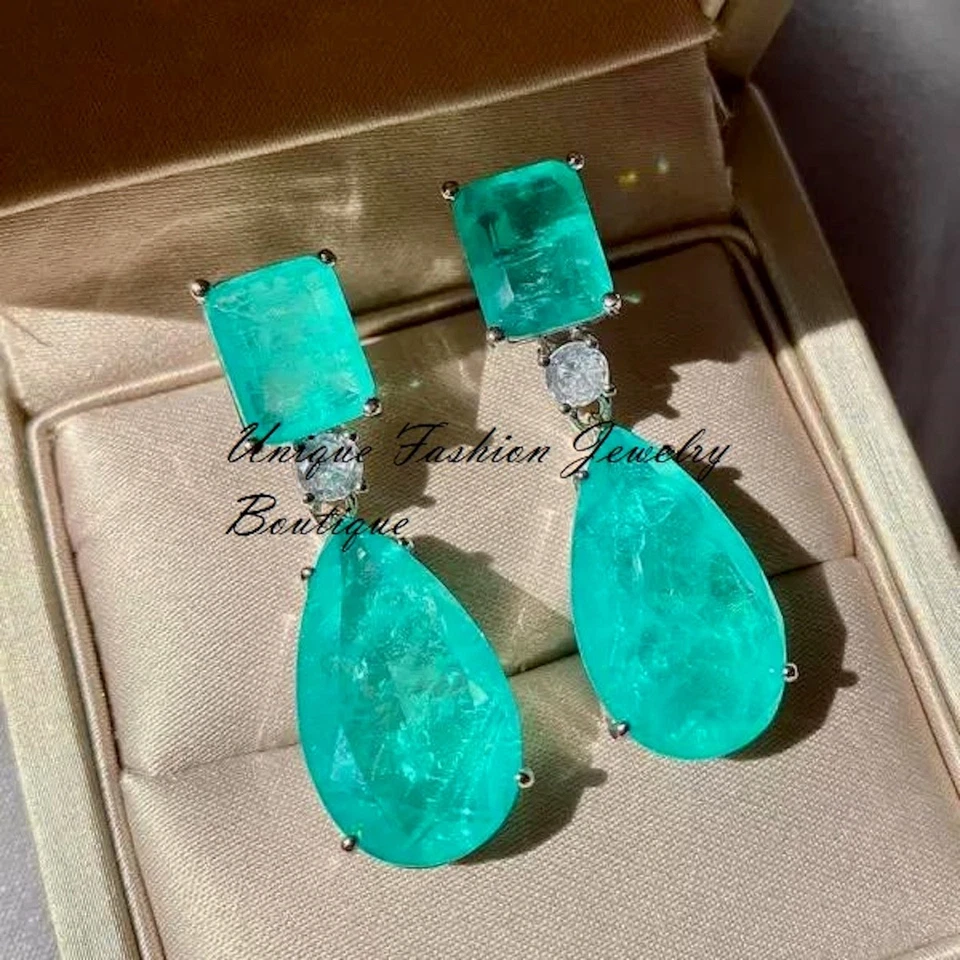 8 CTW Paraiba Tourmaline Drop Earrings Wedding Jewelry Gift 18K Platinum Plated - Image 1 of 4
