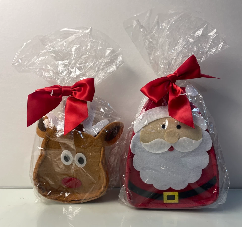 Santa & Reindeer Felt Christmas Gift Bags w/ Bows Eco Friendly Reusable Holiday - Image 1 of 4