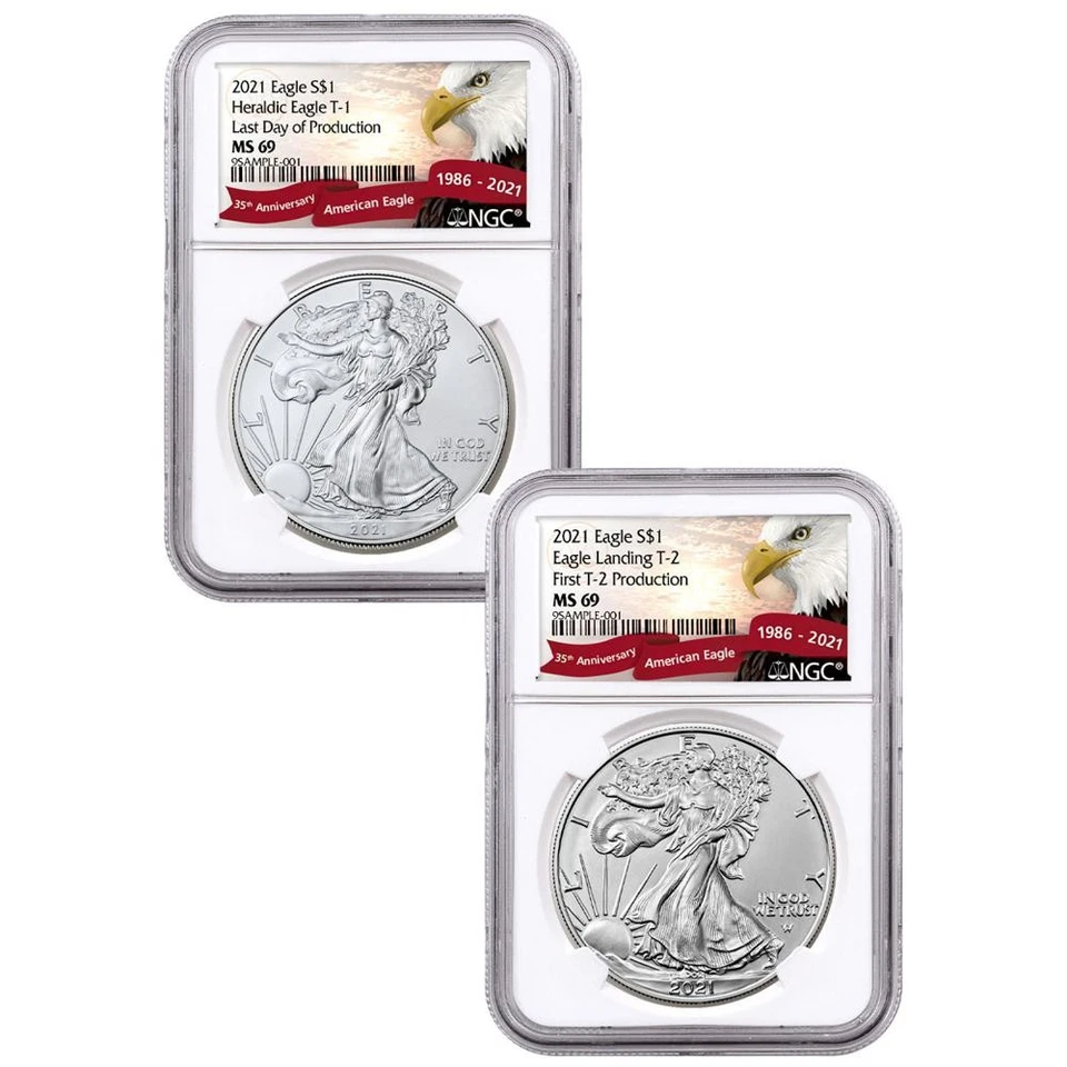 Conjunto de 2 peças - 2021 American Silver Eagle T1 Last Day - Primeira produção T2 NGC MS69 - Imagem 1 de 2
