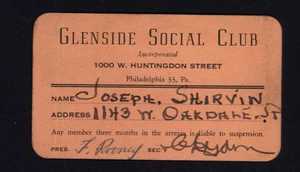 Glenside Social Club 1951 Philadelphia PA * Miembro firmado Joseph Shirvin - Imagen 1 de 2