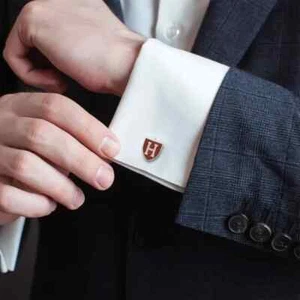 Round Lab Created Diamond Harvard Insignia Men's Cufflinks 14K Rose Gold Plated - Picture 1 of 6