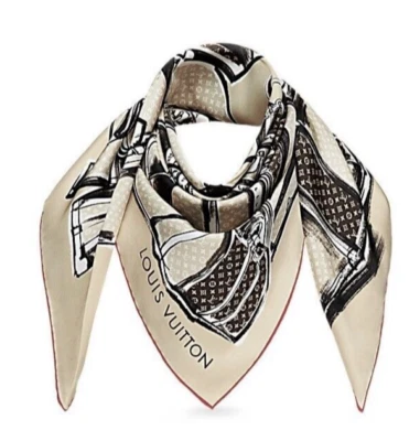 Nuevo Unisex Louis Vuitton Cuadrado Seda Bufanda Monograma Marrón Baúles Rojo Borde Envoltura Foto 1 de 4