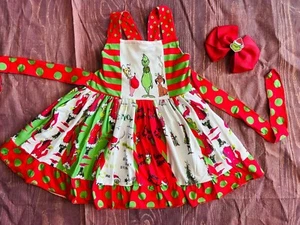The Grinch Twirl Girl Christmas Dress and bow - Picture 1 of 5
