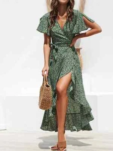 Summer Beach Maxi Dress Women Floral Print Boho Long Chiffon Dress Ruffles Wrap  - Picture 1 of 3