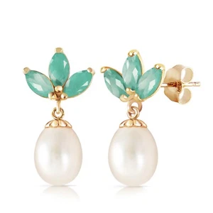 14K. SOLID GOLD DANGLING EARRING WITH PEARLS & EMERALD (Yellow Gold) - Picture 1 of 6