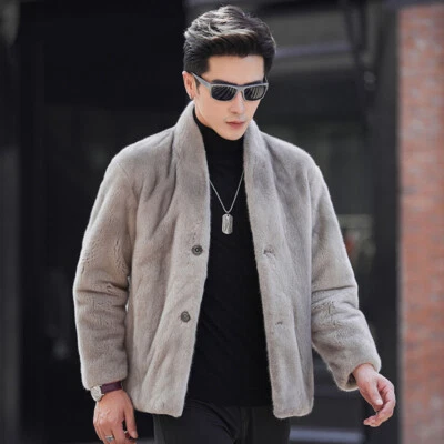 V-neck Robe Silver Mink Men's Mink Coat Coat Fur One-piece Casual Warm Jacket - Image 1 of 4