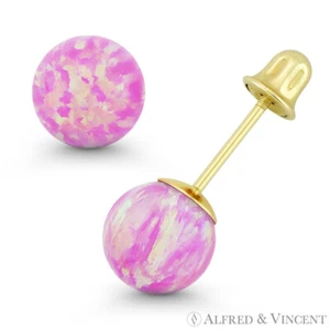 Angel Skin Pink Synthetic Fire Opal 14k Yellow Gold Screwback Ball Stud Aretes - Imagen 1 de 1