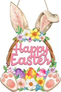 Wooden Easter Decoration Door Wreath for Front Door Sign Wall Signs Rabbit Sprin - Picture 1 of 12