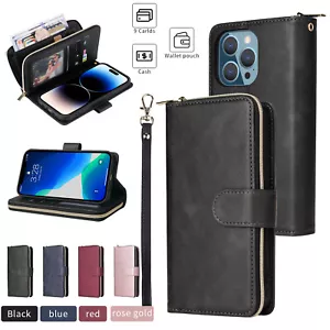 For iPhone 16 15 12 XR 8 7 13 Leather Flip Card Slot Zip Purse Wallet Case Cover - Picture 1 of 43