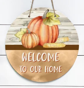 Welcome To Our Home Fall Pumpkin 10" Metal Round Door Sign - Picture 1 of 1
