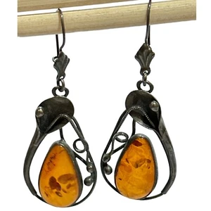 Vintage Antique Sterling Silver Dark Patina Amber Dangle Large Earrings - Picture 1 of 3