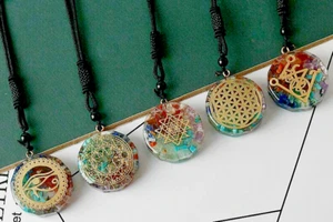 Chakra Orgone Necklace Resin Pendant Set With Healing Crystals Cord Necklace - Picture 1 of 14