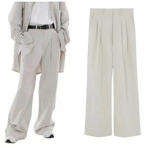 The Frankie Shop Jayden Wide Pants Size L Taupe Pleat Front High Rise Cotton - Picture 1 of 14