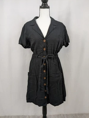 Vestido Camisa ModCloth Lino Negro Gótico Oscuro Academia Calce y Acampanado Mujer Corbata A073 Foto 1 de 4