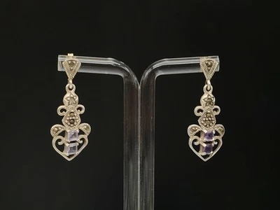 Orecchini donna vintage argento 925 ametista marcasite pendenti - Immagine 1 di 4