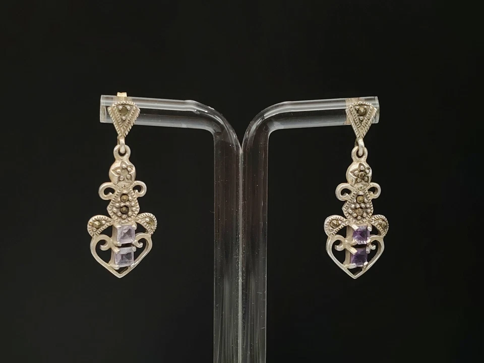 Orecchini donna vintage argento 925 ametista marcasite pendenti - Immagine 1 di 4