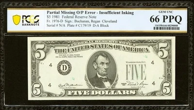 1981 $5 Federal Reserve Insufficient Inking of Third Printing Error Fr. 1976-D - Image 1 of 2
