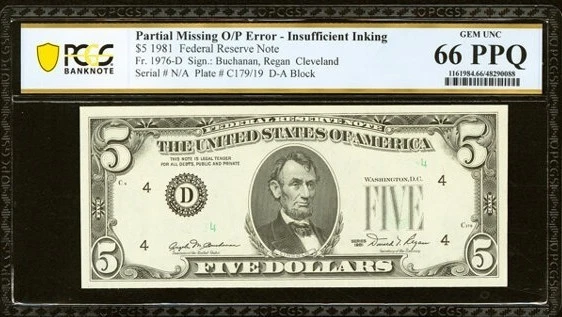 1981 $5 Federal Reserve Insufficient Inking of Third Printing Error Fr. 1976-D - Image 1 of 2