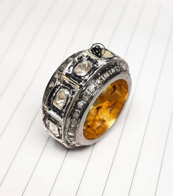 Handmade Polki Diamond & Fine Silver Wedding Band Ring - Image 1 of 4