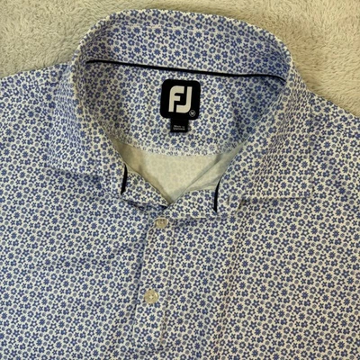 FootJoy FJ Mens Medium Golf Polo Shirt Blue Floral Print Short Sleeve Casual EUC - Image 1 of 4