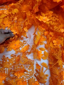 Naranja 3D Floral Bordado Con Perlas en una Tela de Encaje de Malla Por Yarda Baile de graduación - Imagen 1 de 12